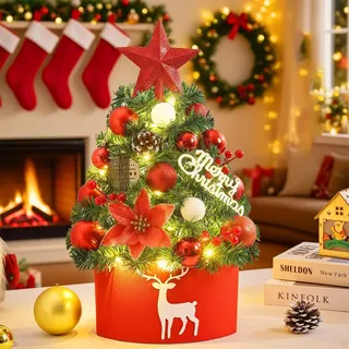 Mini Künstlicher Weihnachtsbaum 45cm,Tisch Christbaum mit Weihnachtskugel Tannenzapfen Christbaumspitze Stern,DIY Tannenbaum fürWeihnachten Deko Tischdeko Schaufenster Büro(Rot)
