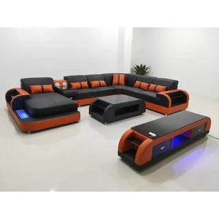 Design Eckgarnitur Ledersofa Ecksofa Luxus Wohnlandschaft led sofa couch Polster - Schwarz