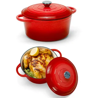 LEADKooKers Gusseisen Topf 4L Ø 24cm - Emaillierter Schmortopf mit Deckel, Gusseisen Bräter für Brot backen & Braten, Induktion Dutch Oven, Brotbacktopf Kasserolle Cocotte Rot