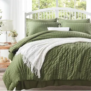 Freyamy Seersucker Bettwäsche 200x220cm 3teilig Grün Olivengrün Geprägt Streifen Strukturiert Bettwaren-Sets Uni Gebürstet Microfaser Bettbezug mit Reißverschluss und 2 Kissenbezug 80x80cm