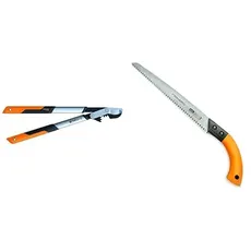 Fiskars PowerGear X Bypass-Getriebeastschere für frisches Holz, Länge: 64 cm, Schwarz/Orange, LX94-M & Handsäge für frisches Holz, Mit feststehendem Blatt, Sägeblattlänge: 33 cm, Schwarz/Orange, SW84