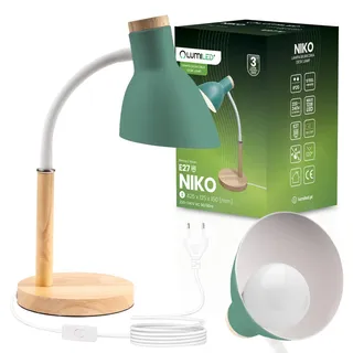 Lumiled LED Schreibtischlampe E27 Fassung 13W Grün Holzdetails Verstellbarer Flexarm Kabelschalter Tischlampe Leseleuchte Arbeitslampe Skandinavisch für Büro Home Office Schlafzimmer Kinderzimmer