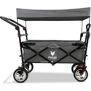 FUXLIFE Bollerwagen CT-700 • Faltbar • Grau • Bremsen • 75kg Tragkraft | Gepolsterter Sitzbereich • Höhenverstellbarer Schiebegriff • Hecktasche • UV-Sonnendach • Schneller Klappmechanismus