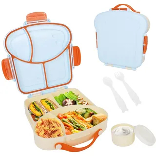 Cozary Brotdose Kinder mit Fächern, Brotbox Kinder Auslaufsichere mit Tragegriff, Lunchbox Jausenbox für Kindergarten,Schule,Ausflüge,4 Fächer,Toast Design, BPA-frei, für Jungen Mädchen (Blau)