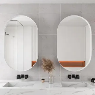 AIORBER Ovaler Spiegelschrank mit Stauraum, Badezimmerspiegelschrank mit Metallrahmen und verstellbaren Einlegeböden, Wand- oder Einbau, Weiß - Weiß