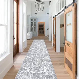 SHACOS Langer Teppich Läufer 60x300 cm Läufer Flur Boho Teppichläufer rutschfest Flurteppich Lang Küchenteppich Waschbar Kurzflor Teppich Flur Läufer für Küche, Wohnzimmer, Eingang, Grau