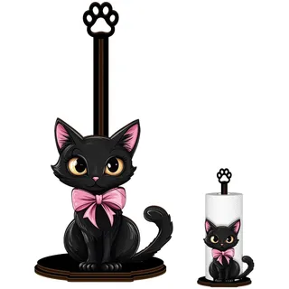 Katzen Küchenrollenhalter Stehend Holz Papierrollenhalter Deko Geschenke | Akkurat gefertigt aus Lindenholz (26cm) bringt dieser schwarze Katzen Küchenrollenhalter Ordnung in Küche und Bad.