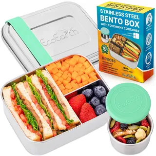 EcoEarth Edelstahl-Bento – 800 ml, Grün – Auslaufsicheres Metall, Lunchbox für Erwachsene mit 3 Fächern – Lebensmitteldose mit Dressing-Behälter
