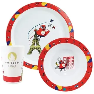 FUN HOUSE Olympische Spiele Paris 2024 Essens-Set mit einem flachen Teller Ø 22 cm, einem tiefen Teller Ø 16 cm und einem Glas 220 ml für Kinder – wiederverwendbares Geschirr