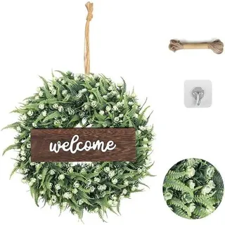 Unyqoos® Künstlicher Türkranz Ø 30 cm aus Kunststoff – grüner Eukalyptuskranz mit weißen Blüten, ganzjährig als Tür- & Wanddeko für Frühling, Ostern, Hochzeit