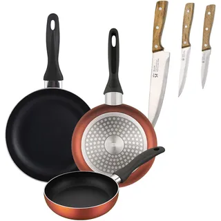 Well Home Set mit 3 Pfannen, Ø 16 x 20 x 24 cm, aus gepresstem Aluminium, kupfer-metallic + 3-teiliges Küchenmesser-Set aus Edelstahl