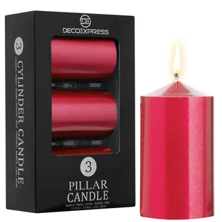 DECO EXPRESS Metallic Stumpenkerzen Set, 3er-Pack, Kerzen Lange Brenndauer, 30 Stunden, Geruchslos (Metallic Rot - 3er-Pack)