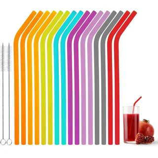 16 Stück Silikon Strohhalme Bunte Trinkhalme Wiederverwendbar Silikonstrohhalme mit 2 Strohhalm Reinigungsbürst für Cocktails Säfte Milchtee Smoothie