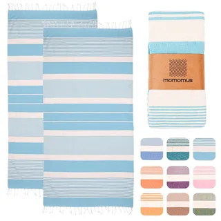 MOMOMUS 2er-Set Fouta XL oder Strandtuch aus Baumwolle 100% - Saugfähig, Ultraweich, Kompakt - Ideal als Strandhandtuch, Hamamtuch und Saunahandtuch - Türkis, 90x180cm