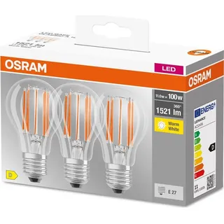 Osram LED-Lampe, Sockel: E27, Warm weiß, 2700 K, 11 W, Ersatz für 100-W-Glühbirne, klar, LED BASE Classic A, 3er-Pack