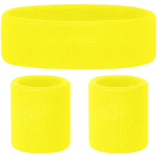Schweissband und Stirnband Set – Schweißband Neon für 80er Jahre Outfit Damen - Neon Accessoires für Fun Runs Team Building Events Pride Partys Gymnastik Sport Tennis – Stirnband 80er Jahre (Gelb)