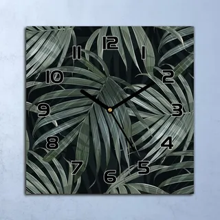 Wanduhr Echt-Glas-Küchenuhr Dunkle Palmblätter Quarz 30x30 Deko Bilder - Grün
