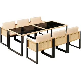 Stilvora Gartenlounge-Set 6-Personen-Garten-Essgruppe mit Sesseln Rattan abnehmbar und waschbar , Braun , Metall , 7 , Gartenmöbel, Gartengarnituren, Gartenmöbel-Sets