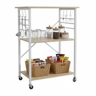 Relaxdays Küchenwagen, 3 Ebenen, mit 6 Haken, Metall, Rollwagen Küche, Haushalt & Büro, HBT: 89x60x40 cm, Natur-weiß