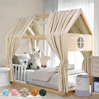 Alishomtll Hausbett Himmel Deko Set, 2 Betthimmel Hausbett aus 100% Baumwolle Musselin, 1 Wimpelkette 300cm, Kinderbett Baldachin Stoffhimmel für Mädchen Jungen Kinderzimmer, 135x320cm Khaki