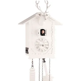 Eble Kuckucksuhr Kuckuckuhr Echtholz NEU batteriebetriebenes Quartzwerk Kuckuckruf Hirschkopf weiß 26cm- 24380