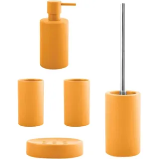 spirella Badezimmer Set, 5-teiliges Badzubehör aus Keramik Tube, Seifenspender, WC Bürste, Seifenschale und 2x Zahnputzbecher Gelb matt