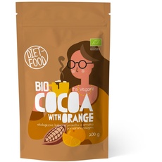 DIET-FOOD - Bio Schokolade - Kakaopulver - mit Rohrzucker - 200 g - für heiße Getränke mit Wasser- oder Milch - ohne künstliche Zusatzstoffe - Fertiggericht - Trinkschokolade mit Geschmack Orange