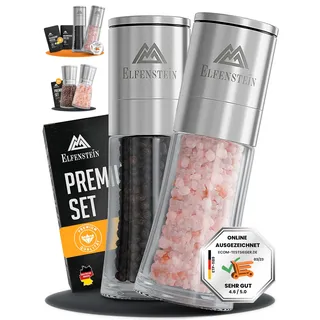 ELFENSTEIN Edelstahl Salz und Pfeffermühle Set mit Keramikmahlwerk - stufenlos einstellbar, Pfeffer und Salzmühle für grobes Salz, Gewürzmühle, Mühlenset (Silber M)