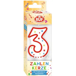 RUF Zahlenkerze Nummer 3, rote Geburtstags-Kerze mit bunten Sternchen, hochwertige Jubiläums-Kerze mit Tropfschutz, ideal als Kuchen Deko, 1 Stück