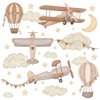 Wally Fox - Wandtattoo Kinderzimmer - Kinderzimmer Deko - Wandtattoo Kinderzimmer Jungen, Mädchen - Flugzeuge, Luftballons, Sterne, Wolken, Braunbeige, Boho - L - 34stk