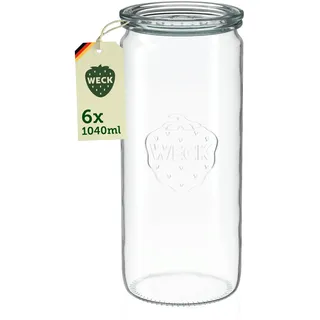 Weck Gläser 975ml – 6er Set mit Deckeln – Zylinderform – robuste, stapelbare Vorratsgläser- & Einweckgläser - Glasbehälter ideal für Meal Prep, Sauerteig & Fermentieren – Made in Germany