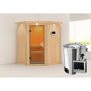 Karibu Sauna mit Bio-Ofen externe Stg.LED-Dachkranz Natur