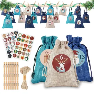 CareHabi - 24 Adventskalender zum Befüllen, Weihnachten Stoffbeutel, Weihnachtskalender Tüten (24 Stoffbeutel,48 Adventszahlen Aufkleber,24 Holzklammern, 10m Hanfseil)