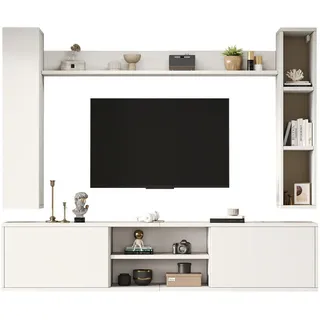 Redom Tv-Lowboard 180/35/33,5 cm mit TV-Schrank, 2 Wandschränken und Wandregal, hängend oder stehend, Weiß , Holzwerkstoff , 180x33.5x35 cm , Wohnzimmer, TV Möbel, Lowboards, Lowboards stehend