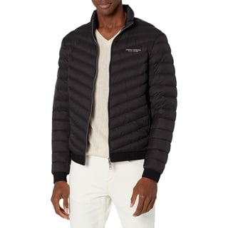 Armani Exchange Men's Quilted Milano/New York Logo Zip-up Jacket Down Alternative Coat, Black/Melange Grey B, Small