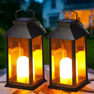 Yowin Solarlaterne für Außen 2 Stück Solarlampen Garten mit Flammeneffekte Kerze, Hängend Solar Laternen Wetterfest Solar Tischlampe Outdoor, Solarleuchten für Terrasse Balkon Pavillon Deko - Schwarz