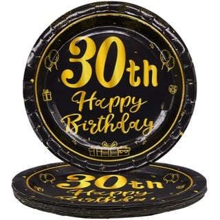 TOPWAYS 30 Geburtstagsdeko Schwarz Gold Pappteller, 7Zoll 18cm Einweg Papier Party Geschirr Teller Tischdeko für 30 Geburtstag Mann Frau Happy Birthday Decorations 24 Stück (30 geburtstag, 7 Zoll)