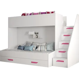 Etagenbett für Kinder Party 16 Stockbett mit Treppe und Bettkasten (Weiß + Weiß Glanz + rosa Griffe) - Weiß