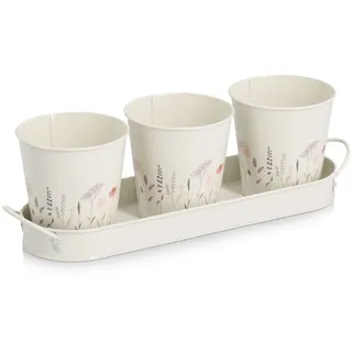 Kräutertopf ZELLER PRESENT "Pflanztopf-Set", weiß, B:10,5cm H:11cm T:37cm, Metall, Pflanzgefäße, Kräutertopf, 3 Töpfe & passendes Tablett