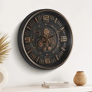Wanduhr 50 cm - Industrie/Steampunk Design - Bewegliche Zahnräder - Metall Dekor - Antike Ausführung - Für Wohnzimmer/Büro - Dekorative Uhr - Silber