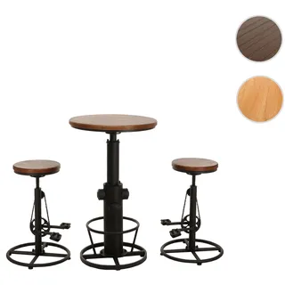 Mendler Set Bartisch + 2x Barhocker HWC-N20, Barstuhl Stehtisch höhenverstellbar drehbar Fußablage Industrial Holz ~ braun