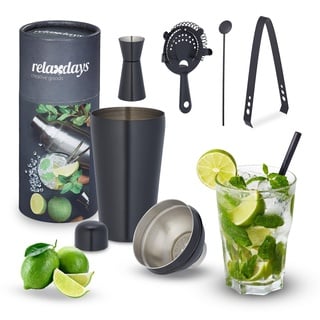 Relaxdays Cocktail Shaker Set, Edelstahl, 5-teiliges Bar Kit, 500 ml, Barzubehör für Zuhause, Cocktailmixset, Farbwahl