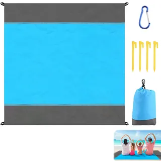 Strandmatte, 140 x 200 cm Stranddecke Sandfrei, Tragbarkeit Picknickdecke Wasserdicht, mit 4 Heringe, Tasche mit Kordelzug, Bergsteigerschnalle, für Den Strand, Campen, Outdoor (Blau/Grau) (Blau-1)