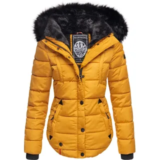 Marikoo Lotusblüte Damen Winter Steppjacke mit Kapuze Kunstfellbesatz Parka Mantel Jacke Gelb Gr. 34 - XS - Gelb