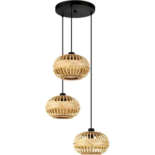EGLO Pendellampe Amsfield 1, 3-flammige Pendelleuchte über Esstisch | Hängeleuchte aus Metall in Schwarz und Bambus in Braun, Holz Hängelampe mit E27 Fassung, Ø 48 cm