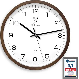 Holzwerk Natur Holz Funkwanduhr Funk Wanduhr Holz-Uhr Vintage Funkuhr lautloses Uhrwerk ohne Tickgeräusche Buche Braun Weiß lautlos aus handgefertigtem Massivholz Natur 30 cm (HW.Funk. Braun)