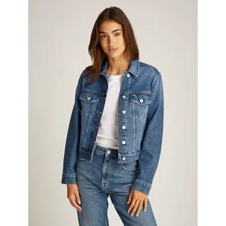 Jeansjacke TOMMY JEANS "CLASSIC TRUCKER JACKET AI6136", Damen, Gr. XS (34), blau (denim medium), Denim/Jeans, Obermaterial: 99% Baumwolle, 1% Elasthan, unifarben, normal hüftlang, 1-Knopf-Manschette, Jacken Jeansjacke, mit typischen Trucker Details, mit Schmucksteinen