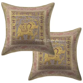 Stylo Culture Bohemien Dekorativ Brokat Seide Sofa Kissenbezüge 40x40 cm Weiß Dekokissen Jacquard Wohnzimmer Couch Kissenhullen Elefant Quadrat Reißverschluss 16x16 Inch Kissen Bezüge - 2 STK.