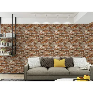 BUVU Vinyltapete 53x1000cm Steintapete Rot Weiß Rustikal Natur Stein, schöne edle Tapete im Steinmauer Loft Design, moderne 3D Optik für Wohnzimmer, Schlafzimmer oder Küche