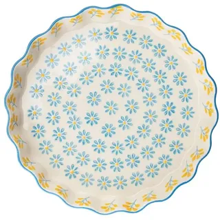 Tranquillo Quicheform aus Steinzeug mit handgestempeltem Print Floral blau/gelb, 22 x 22 x 4 cm